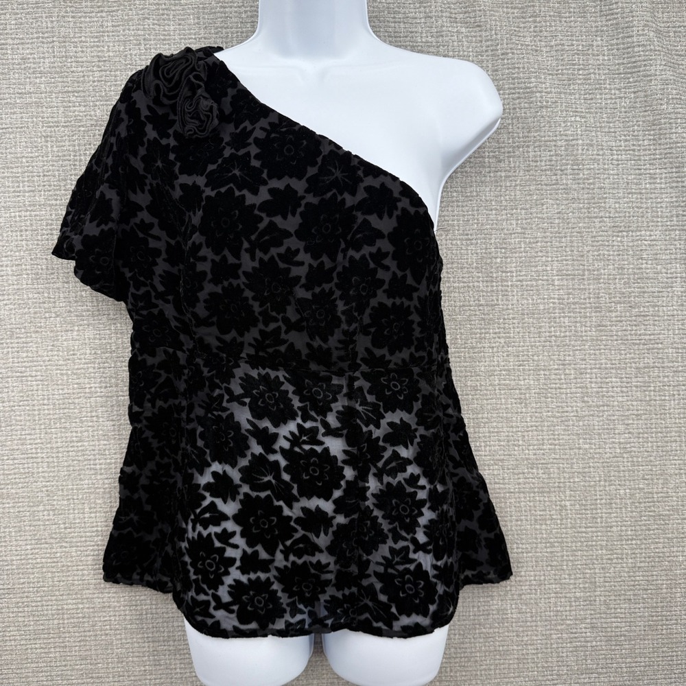 WD NY Black Velvet Floral One Shoulder Top Sz 10 L Party Y2K‎ Whimsigoth Vamp